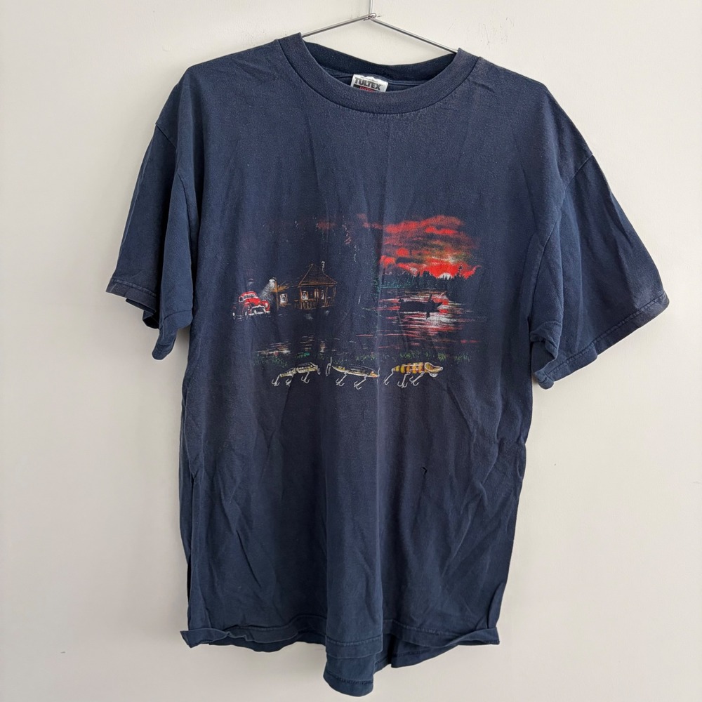 Vintage Tultex Cotton Fishing Lure Graphic T-Shirt Navy Blue XL